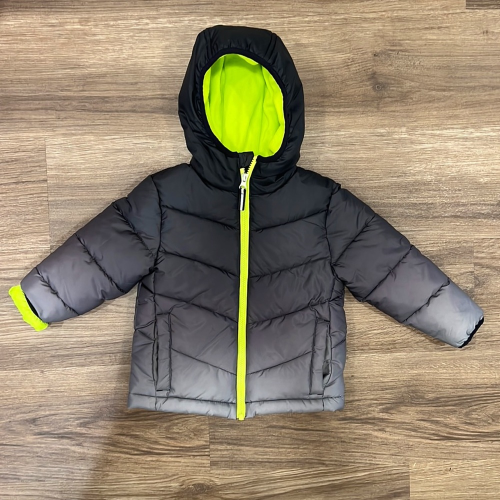 Black ombré & lime green fleece lined puffer jacket (2T)